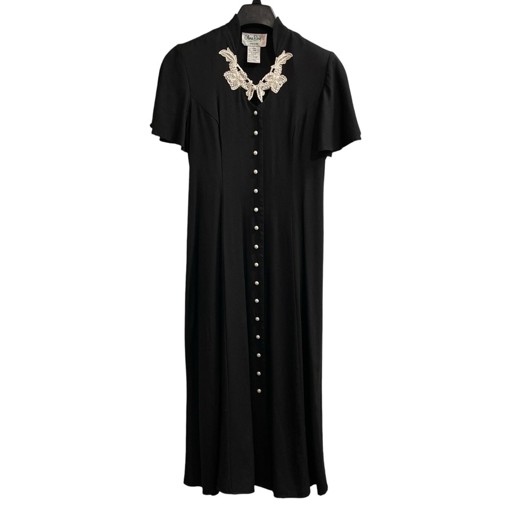 Olivia Rose Y2K Dress 10 Black Maxi Lace Collar Faux Pearl‎ Cottagecore Grandma